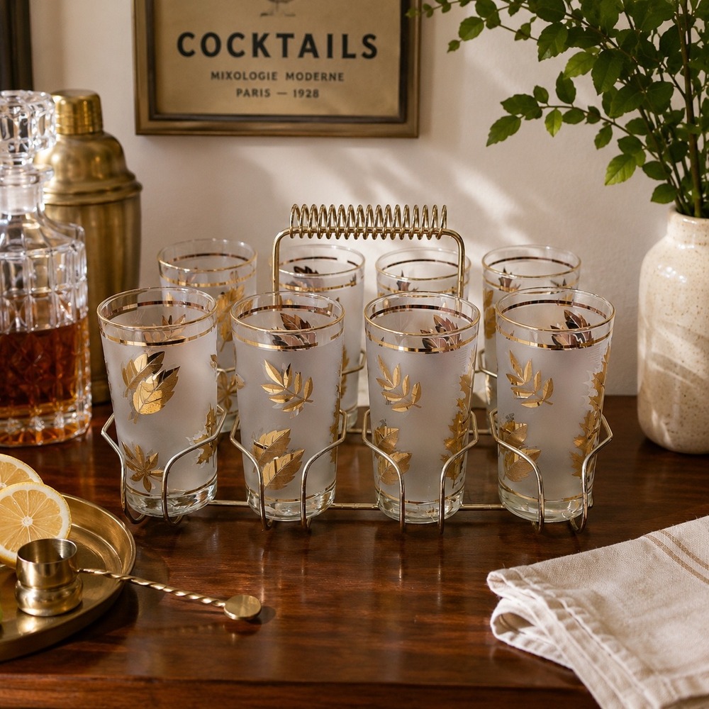 Vintage Frosted Gold Leaf Highball Glasses Set of 8 with Caddy Barware